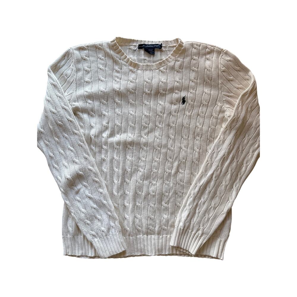 Ralph Lauren Sport White 100% Cotton XL* Cable Knit Sweater Navy Pony Logo